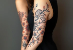 Fall themed sleeve with mushrooms, a snail, some falling leaves off tree branches, falling rain, and fall themed flowers as background filler tattoo idea