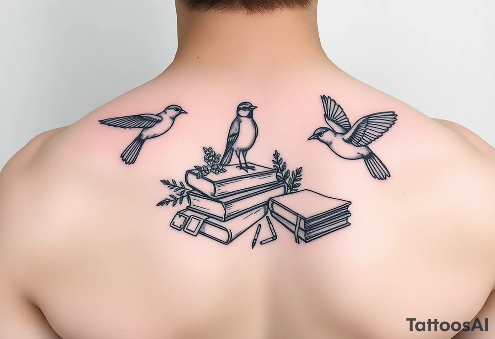 Minimalist fine line tattoo incorporating birds, nature, books, science tattoo idea