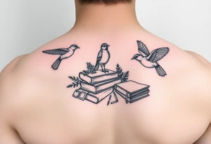 Minimalist fine line tattoo incorporating birds, nature, books, science tattoo idea