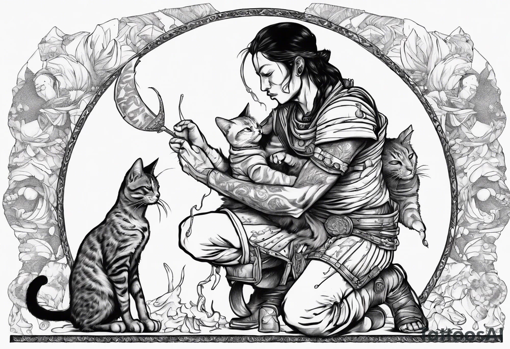 Warrior kneeling down feeding a cat with the world on his shoulders. You can’t be peaceful without being capable of violence tattoo idea