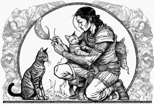 Warrior kneeling down feeding a cat with the world on his shoulders. You can’t be peaceful without being capable of violence tattoo idea