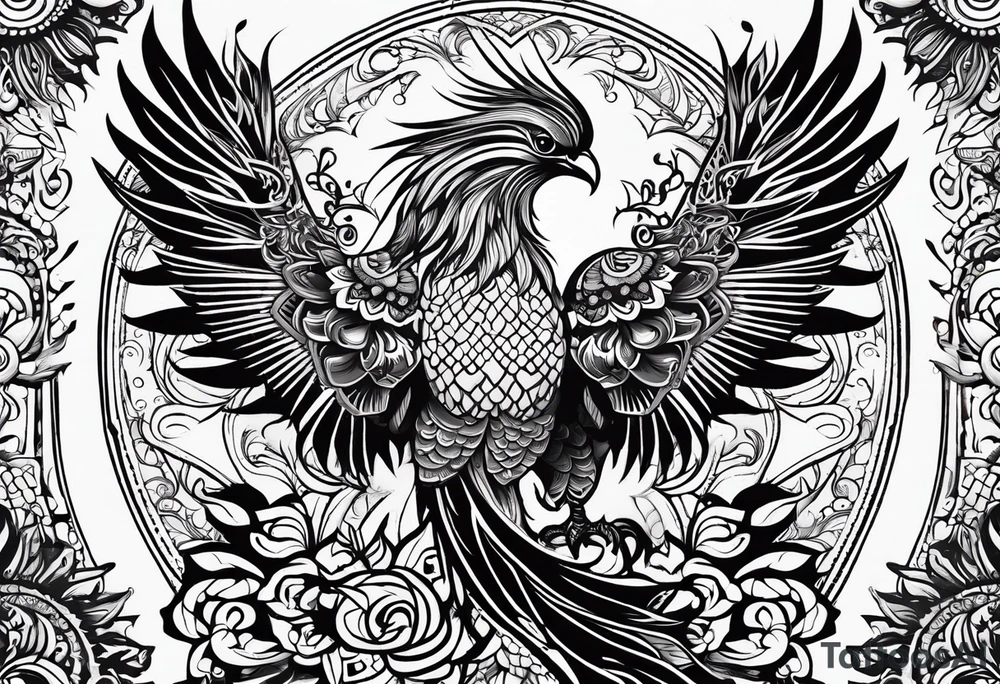 Tribal bohemian feminine impowering Phoenix rising with smoke, mandala sun, floral, lace background tattoo idea
