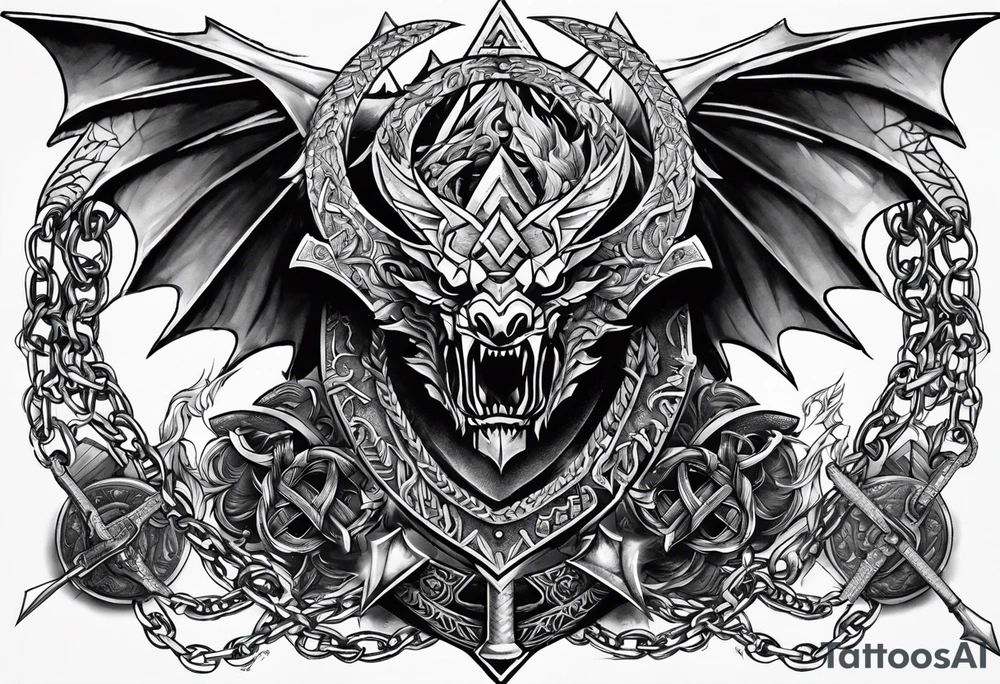 Valhalla sword shield dragon axe Valknut barbed wire chains tattoo idea