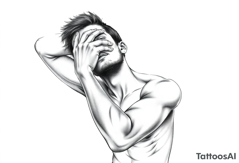 a naked man covering his eyes and mouth and looking up the sky tattoo idea