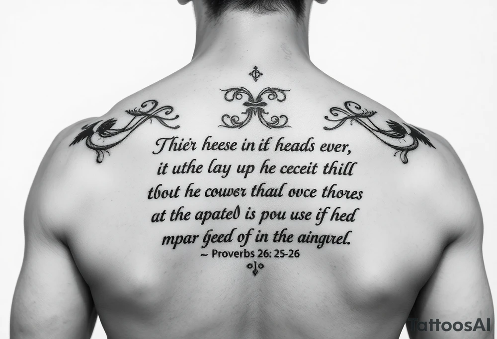 this bible verse proverbs 26: 25-26
He who hates, disguises it with his lips, And lays up deceit within himself,Their hatred may be concealed by deception, but their wickedness will be exposed in the assembly tattoo idea