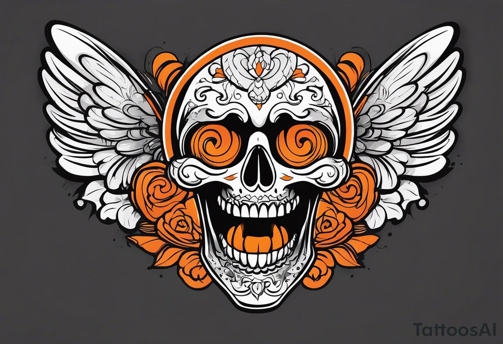 Angel skull laughing black and orange tattoo idea