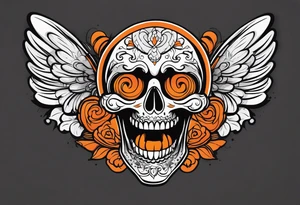 Angel skull laughing black and orange tattoo idea