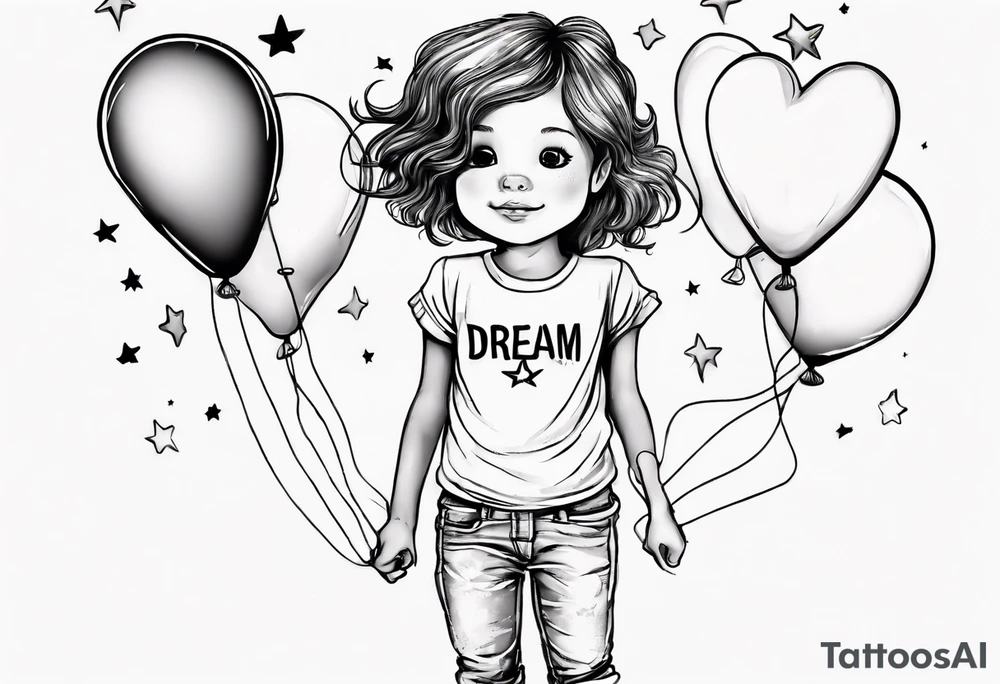 Little girl holding on to heart and star balloons and wearing a T-shirt saying ‘dream’ , going up to the sky tattoo idea
