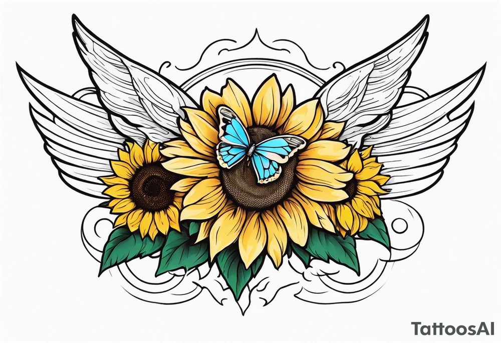 Sleeve with angel wings, sunflower and butterfly tattoo idea