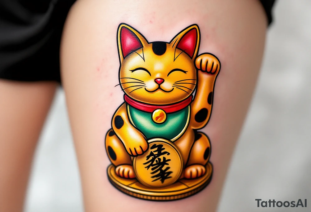 A golden maneki-neko (beckoning cat) with a red collar and green bib, sitting on a coin. tattoo idea