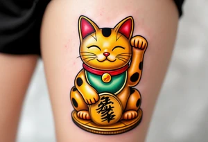 A golden maneki-neko (beckoning cat) with a red collar and green bib, sitting on a coin. tattoo idea