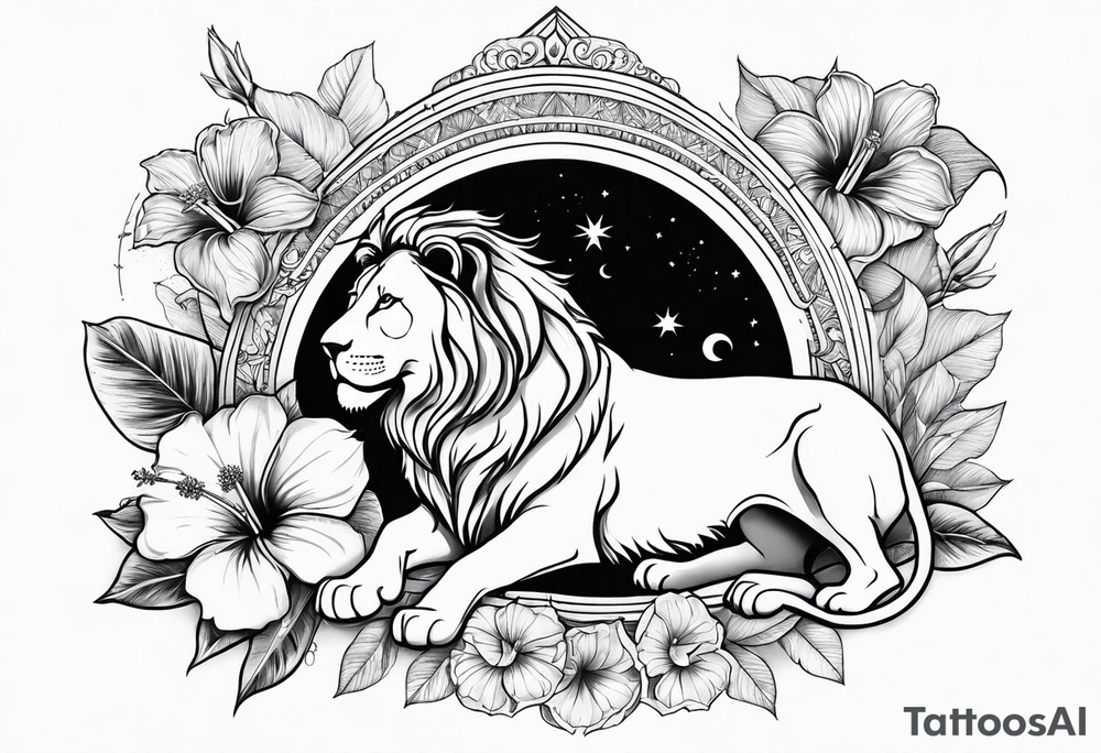 Women lion with hibiscus flowers with moon and sun something inspirational and meaning for the forearm tattoo idea