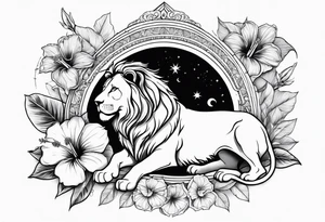 Women lion with hibiscus flowers with moon and sun something inspirational and meaning for the forearm tattoo idea