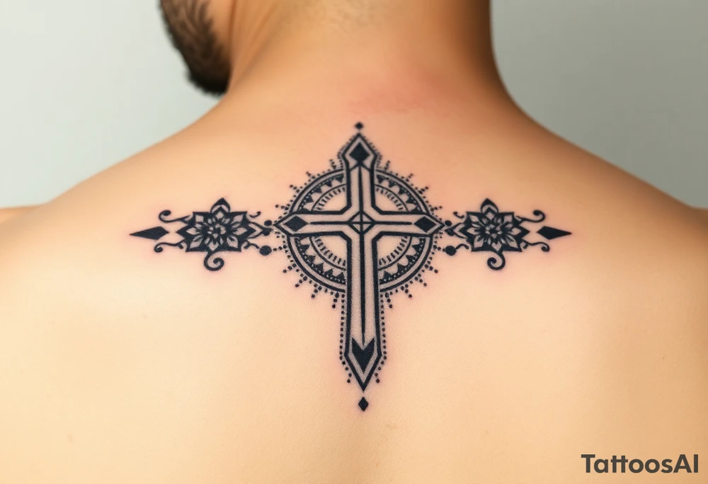 christian cross, surrounded by geometrics ornaments tattoo idea