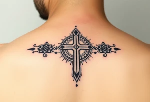 christian cross, surrounded by geometrics ornaments tattoo idea