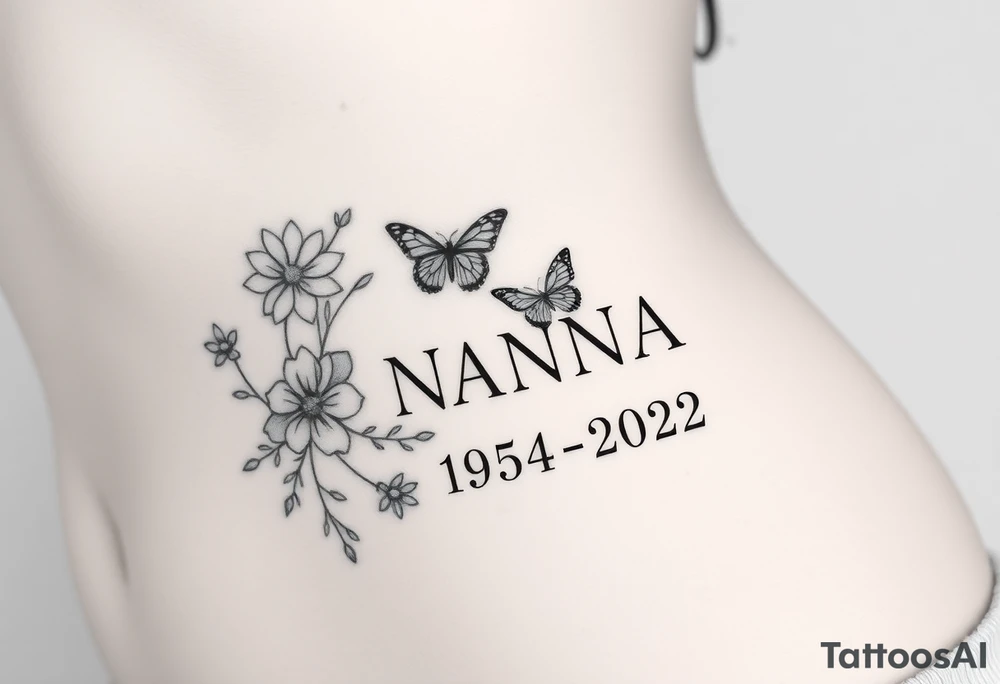 flowers and butterflies with the name “NANA” and the date “1954-2022” mixed all together on the side of the rib cage tattoo idea