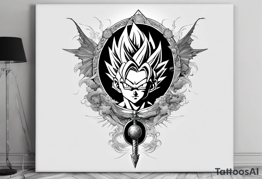 Dragon Ball z, future trunks sword in the middle l, nimbus cloud spiraling around the sord and a 4 star dragon ball on the bottom of the sword tattoo idea