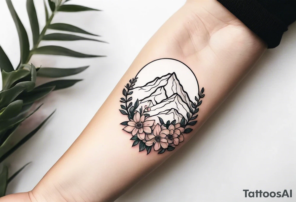 very small minimalist tattoo for female arm mountain and flowers tattoo idea