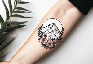 very small minimalist tattoo for female arm mountain and flowers tattoo idea