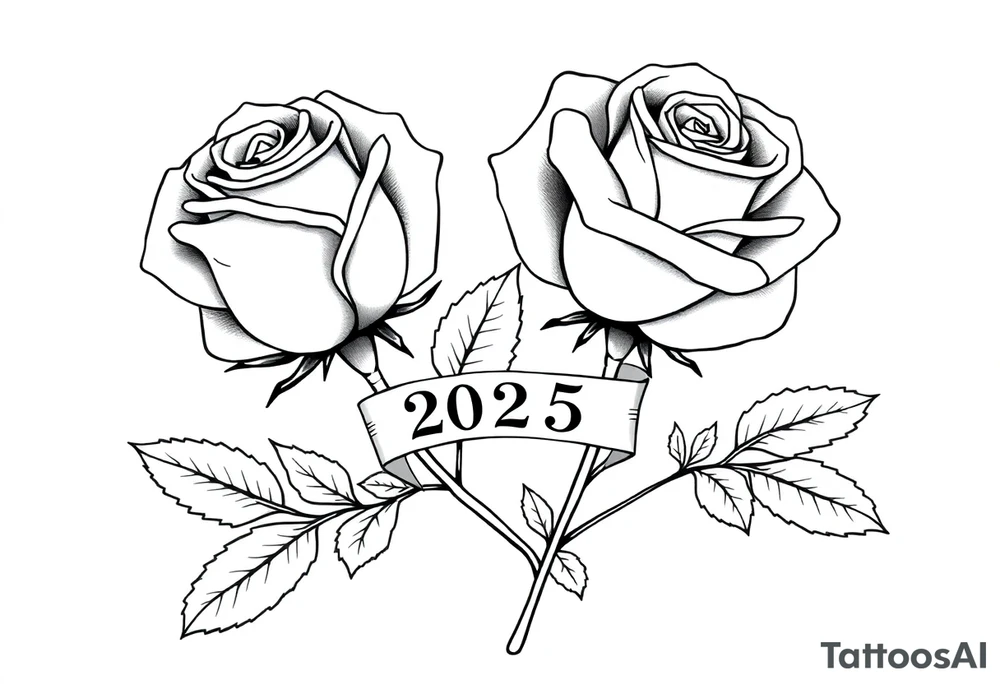 two beautiful large rose buds, one larger than the other, with many leaves next to the rose buds, with one sitting higher than the other. Include a banner connecting the two roses with the year "2025" on it.   Use dark outlines with little shading. The two stems should be short, not long, and connect and join into one stem, whimsically curved or twisted - not straight down. tattoo idea