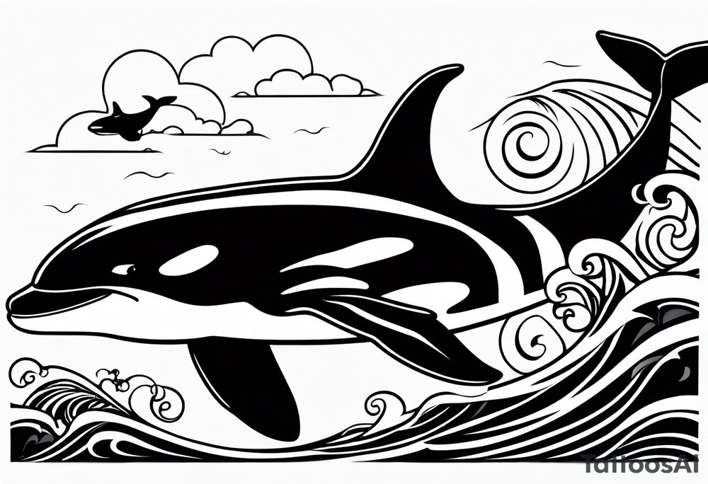 transient orca, Japanese realism, simplistic, shaded high contrast, flowing, kelp highlights tattoo idea