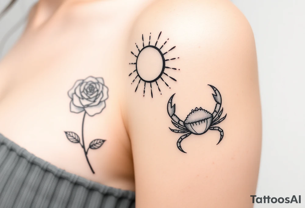 Rose and sun and crab tattoo idea