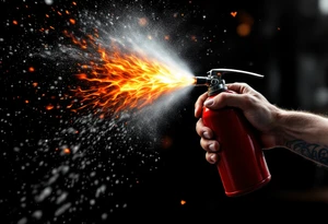 A fire extinguisher spraying a burst of flames, creating a contrast of cool white mist and blazing reds and oranges. tattoo idea