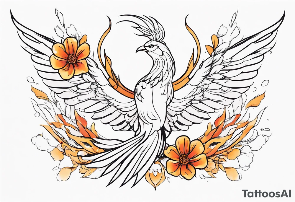 elongated phoenix in profile with claws holding flowers tattoo idea