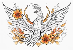 elongated phoenix in profile with claws holding flowers tattoo idea