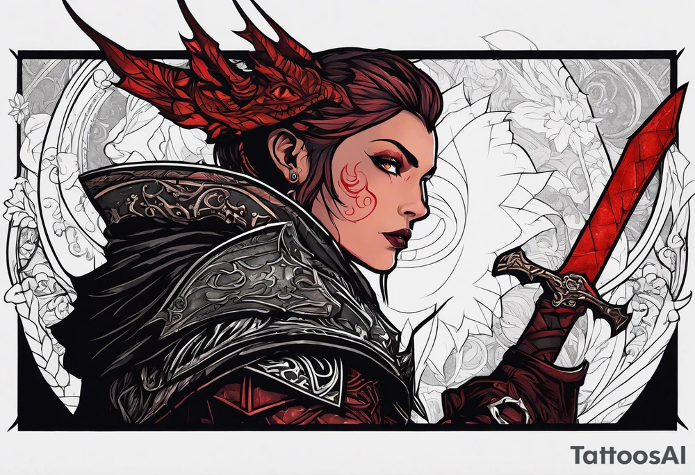 Inquisitor from Dragon Age against the backdrop of the bloody shadow of a dragon. With quote as long as my heart beats I will fight. tattoo idea