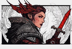 Inquisitor from Dragon Age against the backdrop of the bloody shadow of a dragon. With quote as long as my heart beats I will fight. tattoo idea