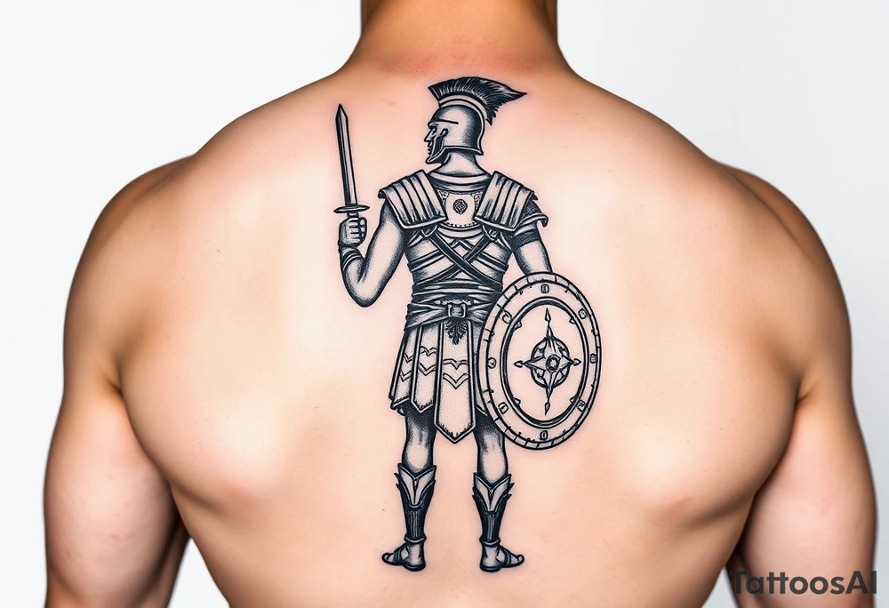 gladiator standing facing the arena short sword in hand shield in the other hand tattoo idea