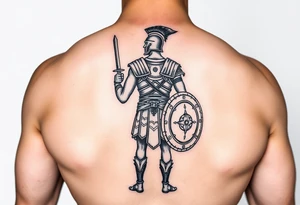 gladiator standing facing the arena short sword in hand shield in the other hand tattoo idea