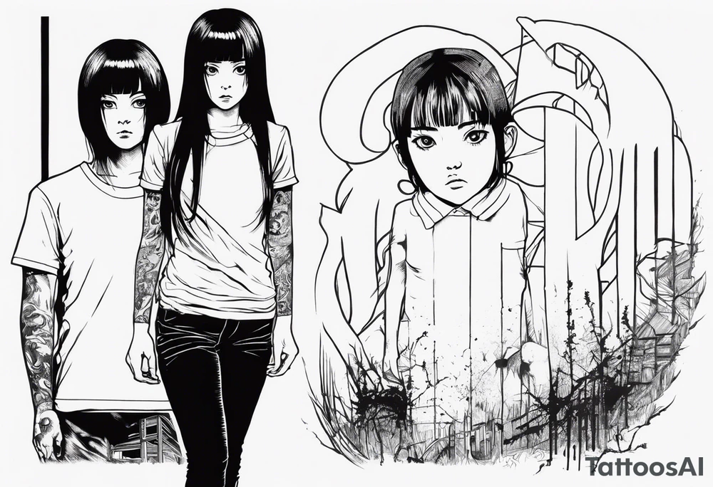 portrait of tomie standing up a character by the horror manga author junji ito full body standing murderously. add more horror and gore elements tattoo idea