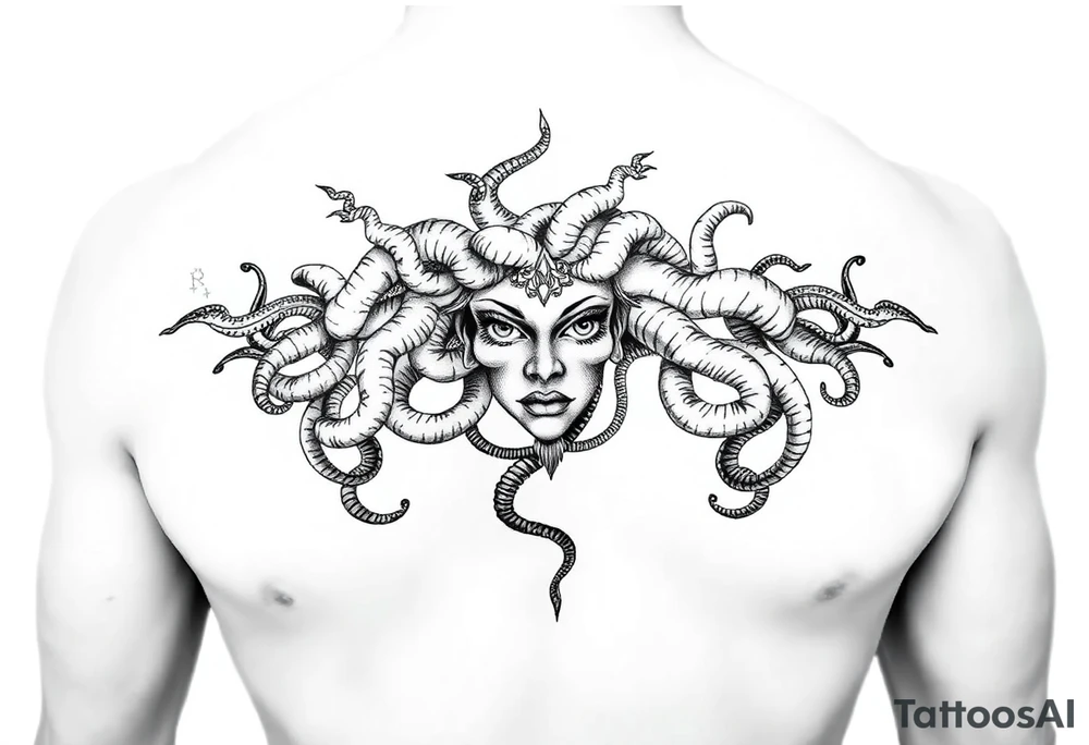 A Beautiful soft feminine sexy Medusa chest peice Black and white with shading tattoo idea