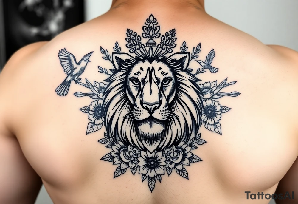 powerful majestic lion with a crown, surrounded by floral ornaments and birds tattoo idea