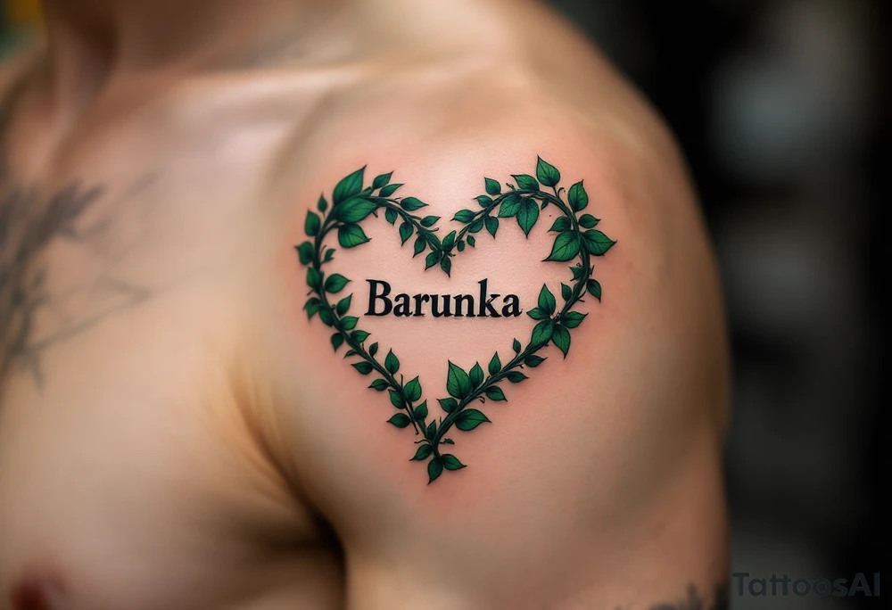 A heart shaped from leafy vines in forest green, wrapping gently around name Barunka. tattoo idea