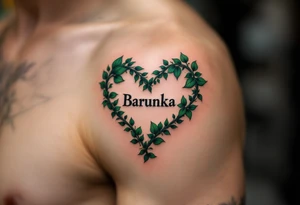 A heart shaped from leafy vines in forest green, wrapping gently around name Barunka. tattoo idea