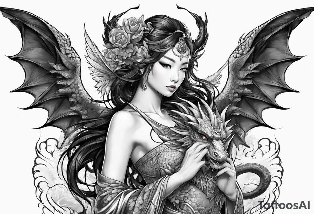 beautiful warrior nymph with large wings coming out of her back and a dragon friend tattoo idea