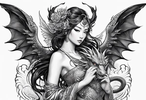 beautiful warrior nymph with large wings coming out of her back and a dragon friend tattoo idea