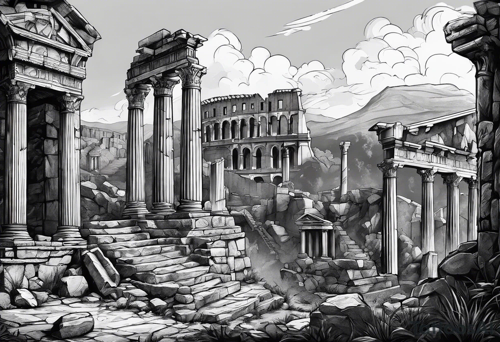Roman Solider looking at ruins tattoo idea
