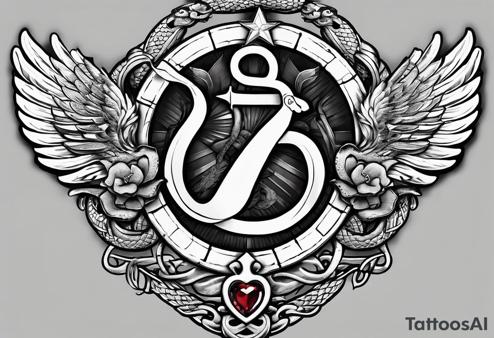 staff of caduceus snakes square and compass masonic tattoo idea