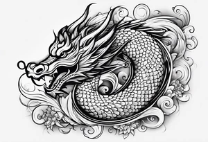 Asian Māori dragon, koi, water, black, shoulder tattoo idea