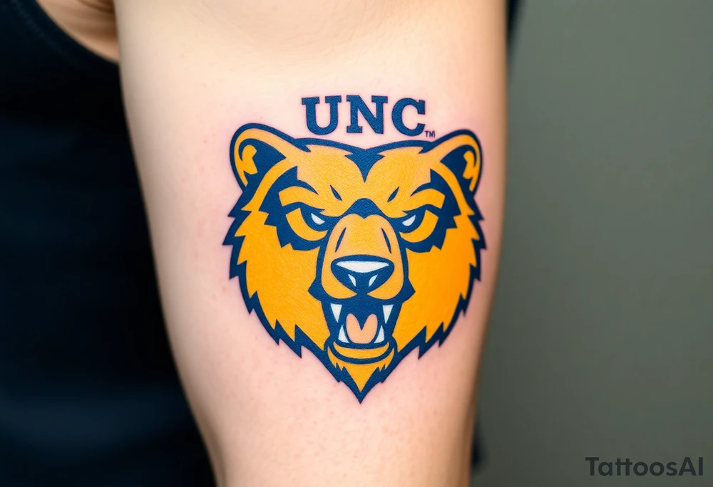 University of Northern Colorado bear mascot  head with Navy blue and yellow with UNC lettering Above head tattoo idea