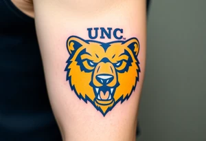 University of Northern Colorado bear mascot  head with Navy blue and yellow with UNC lettering Above head tattoo idea