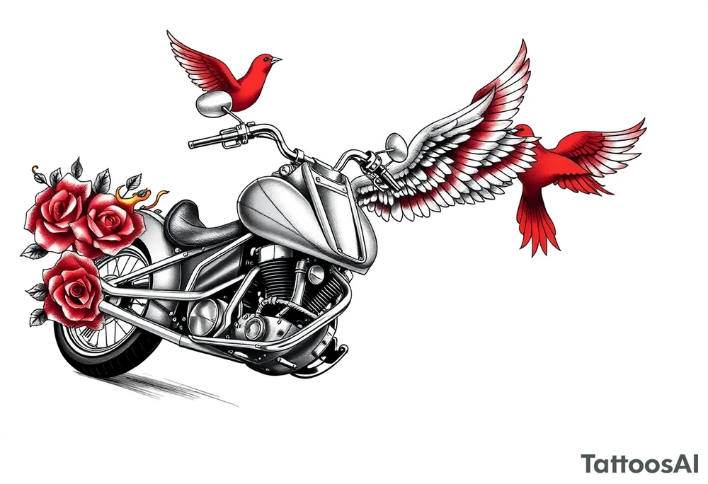 Harley grey motorcycle driving away, two red birds flying, roses, flames, angel wings tattoo idea
