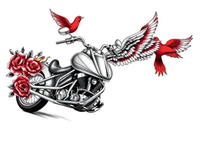 Harley grey motorcycle driving away, two red birds flying, roses, flames, angel wings tattoo idea