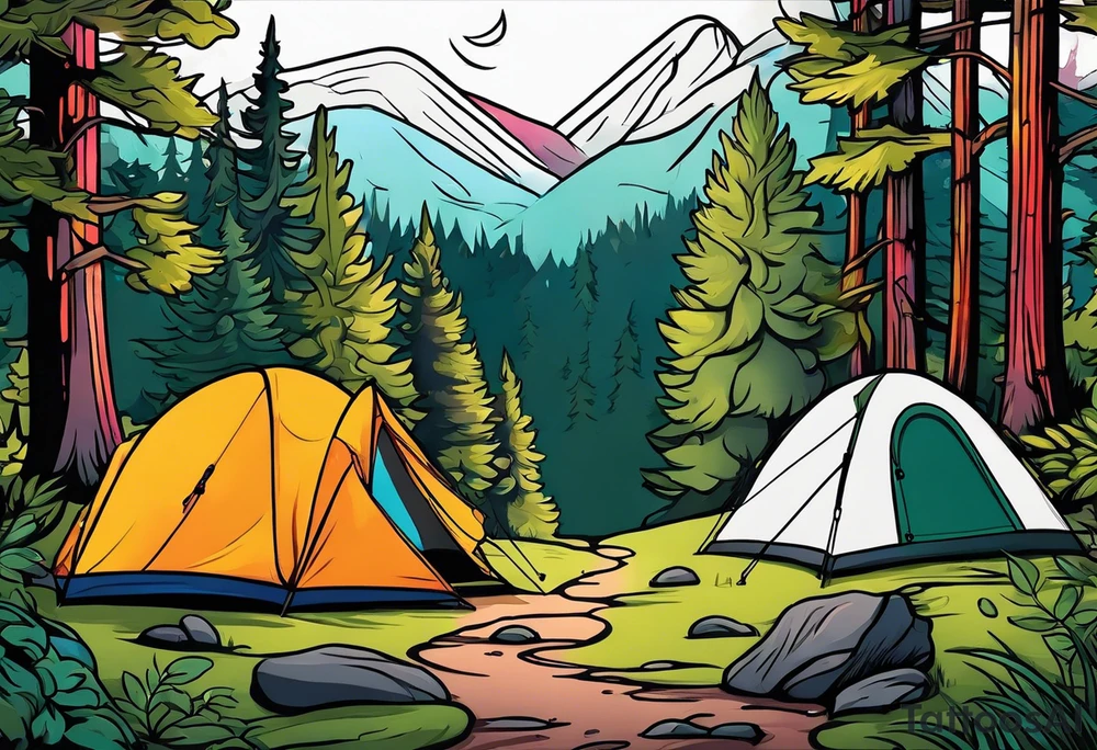Camping in a colorful forest, adventure, feminine tattoo idea