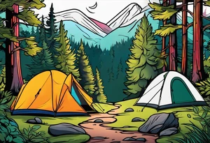 Camping in a colorful forest, adventure, feminine tattoo idea