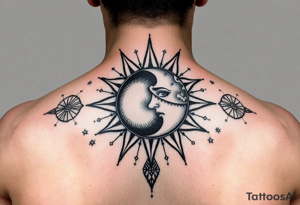 celestial sun and moon embrace with constellation patterns tattoo idea